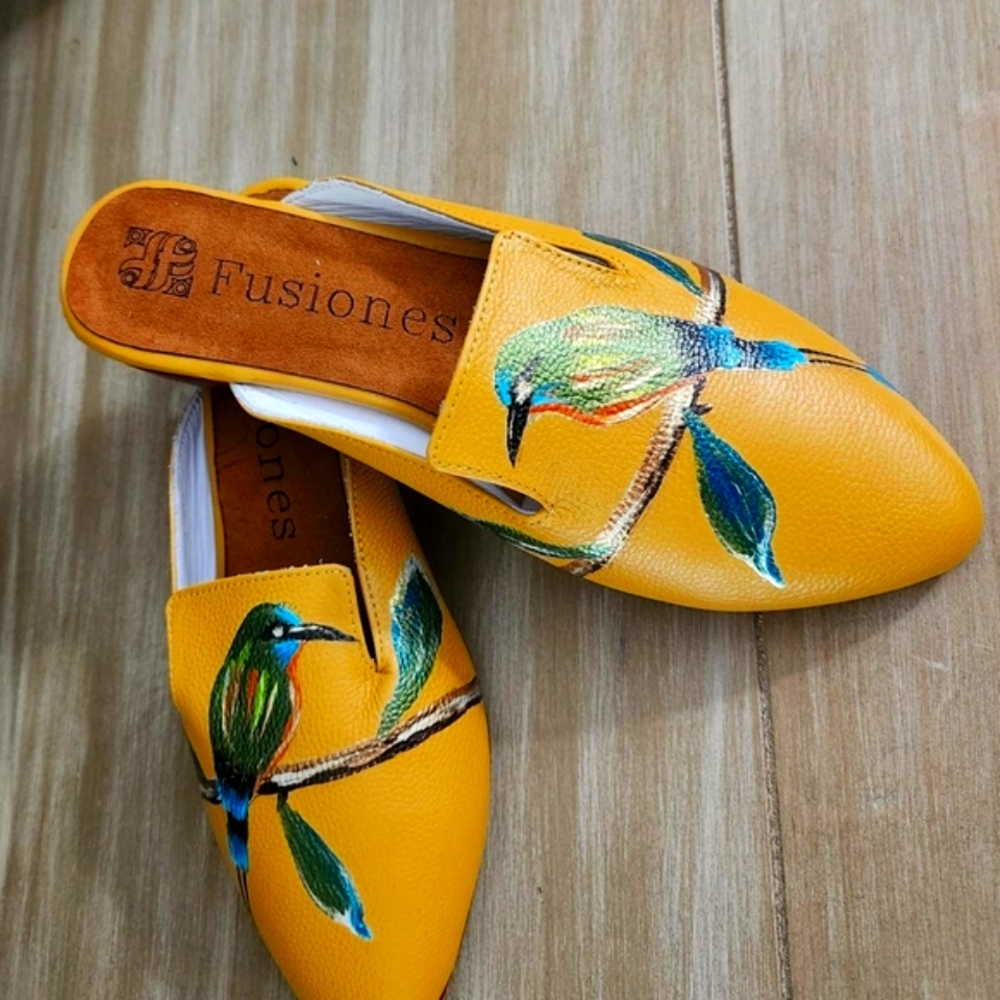 Yellow Dragonfly Mules with Artistic Design Handmade Leather New